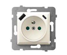 Ospel GP-1UZPUSBAC/m/27 ARIA Viengubas lizdas su įžeminimu ir srovės kelio skląsčiais, su USB įkrovikliu A+C, ekru GP-1UZPUSBAC/m/27