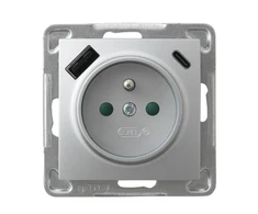 Ospel GP-1YZPUSBAC/m/18 IMPRESJA Viengubas lizdas su įžeminimu ir srovės kelio skląsčiais, su USB A+C įkrovikliu, sidabrinis GP-1YZPUSBAC/m/18