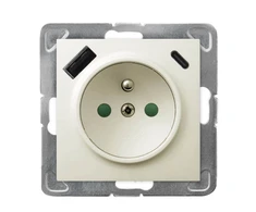 Ospel GP-1YZPUSBAC/m/27 IMPRESJA Viengubas lizdas su įžeminimu ir srovės kelio skląsčiais, su USB įkrovikliu A+C, ekru GP-1YZPUSBAC/m/27