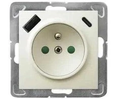 Ospel GP-1YZPUSBAC/m/27 IMPRESJA Viengubas lizdas su įžeminimu ir srovės kelio skląsčiais, su USB įkrovikliu A+C, ekru GP-1YZPUSBAC/m/27