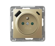 Ospel GP-1YZPUSBAC/m/28 IMPRESJA Viengubas lizdas su įžeminimu ir srovės kelio skląsčiais, su USB A+C įkrovikliu, aukso spalvos GP-1YZPUSBAC/m/28