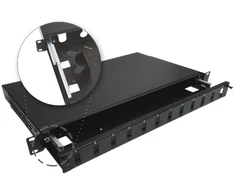 Teleskopinė šviesolaidinė komutacinė panelė 12xSC duplex / 12xLC quad 19" 1U su tvirtinimo priedais (lizdais, juostelėmis) ALANTEC