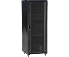 27U serverio spinta 600x1000, stiklinės priekinės durys, perforuotos plieninės galinės durys, spyna, 4 laikančiosios sijos, 4 reguliuojamos kojelės, savarankiškam surinkimui, juodas Q-LANTEC