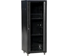 27U serverio spinta 800x1000, stiklinės priekinės durys, perforuotos plieninės galinės durys, spyna, 4 laikančiosios sijos, 4 reguliuojamos kojelės, savarankiškam surinkimui, juodas Q-LANTEC