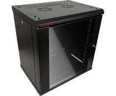 Pakabinama lentyna 19" 12U 600x450, (dvigubos sekcijos variantas) vienos varčios stiklinės durys, nuimamas pilnas galinis dangtis, nuimami pilnai šoniniai dangčiai, rakinamas, 4 sijos, spalva juoda, ALANTEC