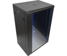 Pakabinama lentyna 19" 18U 600x450, (dvigubos sekcijos variantas) vienos varčios stiklinės durys, nuimamas pilnas galinis dangtis, nuimami pilnai šoniniai dangčiai, rakinamas, 4 sijos, spalva juoda, savarankiškam surinkimui - plokščia pakuotė, ALANTEC