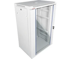 Pakabinama lentyna 19" 18U 600x450, (dvigubos sekcijos variantas) vienos varčios stiklinės durys, nuimamas pilnas galinis dangtis, nuimami pilnai šoniniai dangčiai, rakinamas, 4 sijos, spalva pilka, ALANTEC