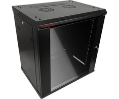 19" 9U 600x450 sieninė spintelė, vienos lapo stiklinės durys, visiškai nuimama galinė sienelė, visiškai nuimamos rakinamos šoninės sienelės, 4 sijos, juoda, savarankiškam surinkimui - plokščia pakuotė, ALANTEC
