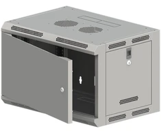 Pakabinama spintelė 19" 9U 600x500, neskaidoma, vienvėrės METALINĖS DURYS, pilnas galinis dangtis, kilnojami perforuoti šoniniai dangčiai, pilka spalva, 4 sijos, FLAT PACK ALANTEC
