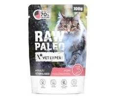 Kačių Maistas - VetExpert Raw Paleo Suaugusiųjų Sterilizuotų Kiaulienos Drėgnas 100g