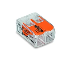 WAGO spyruoklinė jungtis 2x0,14-4 mm². Skaidraus plastiko, su oranžiniais skirtukais, be varžtų, be halogenų. LIZDINĖJE PAKUOTĖJE 16 vnt.