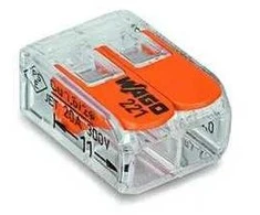 WAGO spyruoklinė jungtis 2x0,14-4 mm². Skaidraus plastiko, su oranžiniais skirtukais, be varžtų, be halogenų. LIZDINĖJE PAKUOTĖJE 16 vnt.