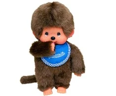 MONCHHICHI klasikinė beždžionėlė su mėlynu seilinuku, 20 cm