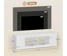 140 cm TV staliukas, TV komoda, 6 skyriai, 2 stiklinės lentynos, medžio drožlių plokštė, balta