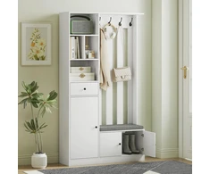 180 cm drabužių spinta su rūbų kabykla, batų suoliuku, 4 kabliukais, atviromis lentynomis, MDF, Balta