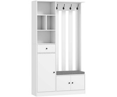 180 cm drabužių spinta su rūbų kabykla, batų suoliuku, 4 kabliukais, atviromis lentynomis, MDF, Balta