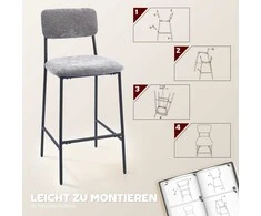 Baro kėdžių komplektas (2 vnt.), paminkštintos aukštos kėdės virtuvės stalviršiui, namų barui, su atlošu, kojų atrama, audinio apmušalai, plienas, pilka