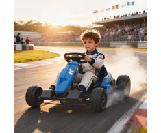 24V elektrinis kartingas, drifto režimas, reguliuojama sėdynė, 5 taškų saugos diržas, muzikos funkcija, garso signalas, 6-12 metų, mėlynas
