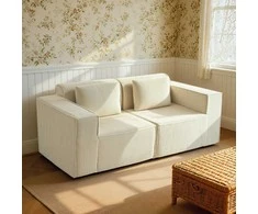 Fotelis 3 vietų sofa, minkšta putplasčio struktūra, plačios porankiai, 2 pagalvėlės, kordo gobelenas, smėlio spalvos