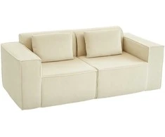 Fotelis 3 vietų sofa, minkšta putplasčio struktūra, plačios porankiai, 2 pagalvėlės, kordo gobelenas, smėlio spalvos