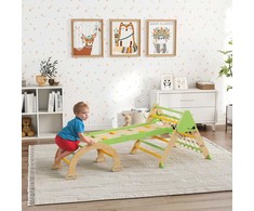 8-in-1 Montessori laipiojimo rėmas vidaus erdvėms, medinis, su laipiojimo trikampiu, arka ir dvipuse čiuožykla, žalias