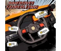 AIYAPLAY 12V elektrinis automobilis vaikams, nuotolinio valdymo funkcija, saugos diržas, signalas, LED žibintai, USB prievadas, vaikams nuo 3-5 metų, oranžinė spalvos