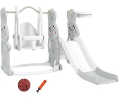 AIYAPLAY 4-in-1 čiuožykla su sūpynėmis, laipiojimo rėmu ir krepšinio lanku, zuikučio dizaino žaidimų aikštelė mažyliams vidaus ir lauko erdvėms, pilka