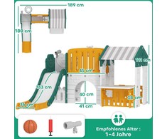AIYAPLAY 7 viename vaikiška čiuožykla, žaidimų aikštelė namuose, lipynė, namelis, rašomoji lenta, krepšinio lankas, 1-4 metai, plastikas, geltona+žalia