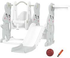AIYAPLAY čiuožykla "4-in-1" vaikų čiuožykla su sūpynėmis, laipiojimo rėmu, krepšinio lanku, vaikų žaidimų aikštele su zuikio dizainu Mažylių čiuožykla, skirta 1,5-4 metų amžiaus vaikams viduje ir lauke Pilka spalva