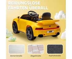 AIYAPLAY Elektrinis automobilis vaikams, 12V automobilis su nuotolinio valdymo pultu, švelnus startas, MP3 grotuvas, LED žibintai, garsinis signalas, energijos indikatorius, geltonas