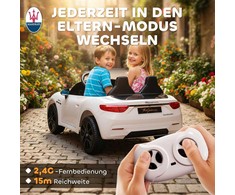 AIYAPLAY Maserati elektrinis automobilis vaikams, dvivietis, 12V varomas akumuliatoriumi, su nuotolinio valdymo pulteliu, LED žibintai, muzikos funkcija, baltas