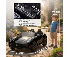 AIYAPLAY Maserati elektromobilis vaikams, dvivietis, 12V akumuliatorius, nuotolinio valdymo pultas, LED žibintai, muzikos funkcija, juodas