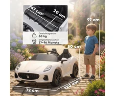 AIYAPLAY Maserati elektromobilis vaikams, dvivietis, 12V akumuliatorinis, su nuotolinio valdymo pultu, LED žibintais, muzikos funkcija, baltas
