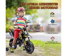 AIYAPLAY elektrinis motociklas vaikams, 12 V vaikiškas motociklas su muzika, 6 km/h vaikiška transporto priemonė su nuimamais pagalbiniais ratukais, 12 colių plastikinės padangos, 3–8 metų vaikams, maks. 30 kg, geltonas