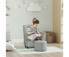 AIYAPLAY vaikiškas fotelis, vaikiška sofa su pakoja, vaikiškas baldų komplektas nuo 18 mėnesių, lininio audinio išvaizda, eukalipto mediena, pilka, 45 x 43 x 50,5 cm