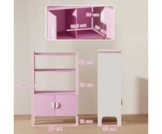AIYAPLAY vaikiška knygų lentyna, 2 lentynos, 2 spintelės, laisvai pastatoma, apsauga nuo apvirtimo, neslystančios kojelės, MDF, rožinė ir balta