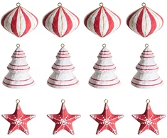 Beliani 12 vnt. kalėdinių eglutės papuošalų rinkinys GIDEALVEN Papier-mâché raudona/balta