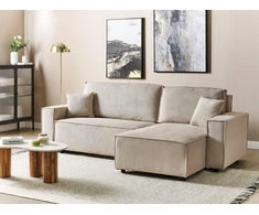Beliani Išskleidžiama 3 vietų kampinė sofa ABACKA, velvetas, smėlio spalvos, kairinė