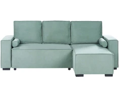 Beliani Išskleidžiama kampinė sofa EDANE, 3 vietų, šviesiai žalia su patalynės dėže, kairinė