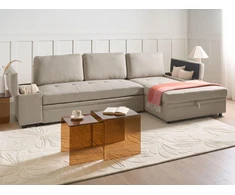 Beliani Išskleidžiama kampinė sofa HRISEY, 3 vietų, sintetinis linas, smėlio spalvos, kairinė