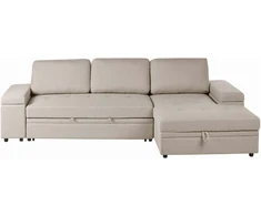 Beliani Išskleidžiama kampinė sofa HRISEY, 3 vietų, sintetinis linas, smėlio spalvos, kairinė