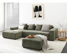 Beliani Kampinė sofa LUNGO 4 asmenims, aksominis audinys, žalia, su otomanu, dešininė