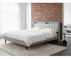 Beliani LED lova BEAULIEU, smėlio spalvos, 180 x 200 cm, su USB prievadu ir daiktadėže