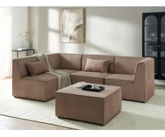 Beliani Modulinė kampinė sofa 4 asmenims LEMVIG, dešininė, smėlio spalvos velveto, su otomane