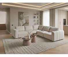 Beliani Modulinė kampinė sofa 5 asmenims „KIVVIK“ su pufu, „Bouclé“, balkšva, kairinė