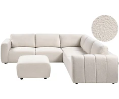 Beliani Modulinė kampinė sofa 5 asmenims „KIVVIK“ su pufu, „Bouclé“, balkšva, kairinė