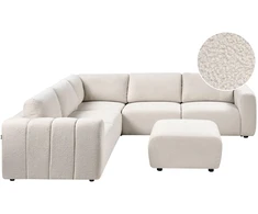 Beliani Modulinė kampinė sofa 5 žmonėms „KIVVIK“ su pufu, „Bouclé“, balkšva, dešininė