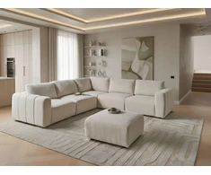 Beliani Modulinė kampinė sofa 5 žmonėms „KIVVIK“ su pufu, „Bouclé“, balkšva, dešininė