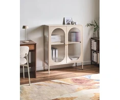 Beliani Spintelė su stiklinėmis durelėmis SARRE metalinė 90 cm smėlio spalvos