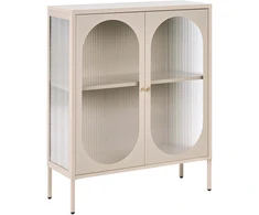Beliani Spintelė su stiklinėmis durelėmis SARRE metalinė 90 cm smėlio spalvos
